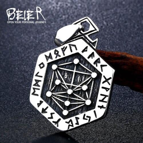 Beier 316L Stainless Steel Norse Viking Vegvisir Compass Pendant necklace Valknut Odins Symbal Of Norse Runic Six stars BP8-312