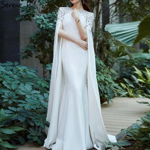 Serene Hill White Mermaid Satin Evening Dress 2021 Cape Sleeves Beading Elegant Women Formal Party Wear Gown CLA70934