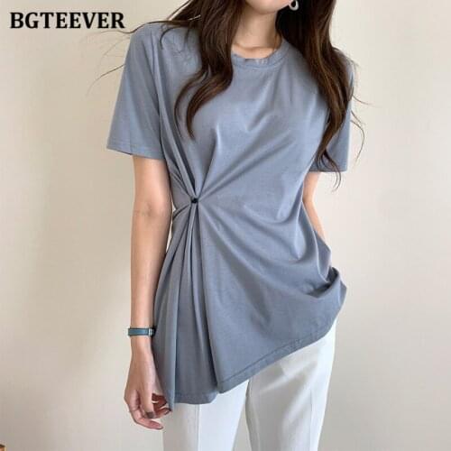 BGTEEVER Casual Irregular Women Solid T-shirts Summer Short Sleeve Loose Button Up Female Tees Ladies Basic O-neck Tops 2021
