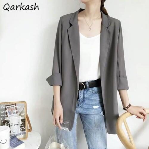 Blazers Women Nine Quarter Office Simple Elegant Side Slit All-match Korean Ladies Chic Solid Color Thin Chiffon Comfortable Ins