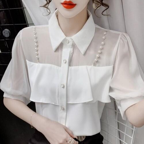 Summer Blouse Women Short Sleeve Beading Ruffles Chiffon White Blouse Shirt Tops Blusas Mujer De Moda 2021 Blouses Shirts F48
