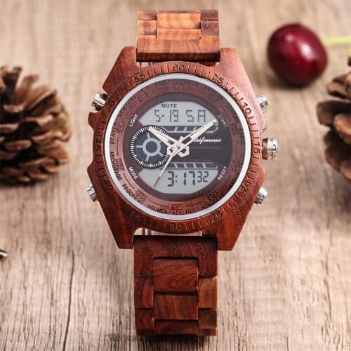 LED Dual Display Date Calendar Dial Quartz Watch for Men Natural Full Wooden Bangle Watchband Mens Watches reloj masculino