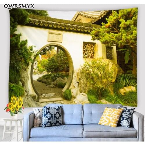 Chinese Style Garden Arch Scenery Tapestry Classical Building Wall Hanging Home Living Room Bedroom Dorm Decor Wall Tapestries