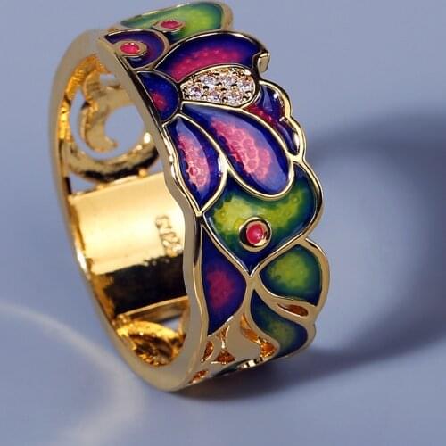 Exquisite Ladys Silver RING 925 Pure Silver Golden Charming Flower Cubic Zirconia Ring Party Jewelry Enamel Handmade