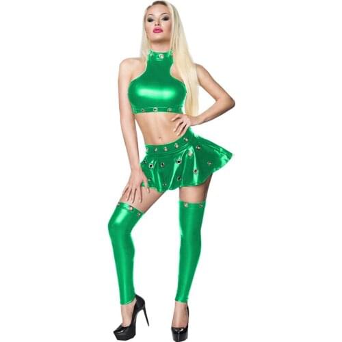 Pole Dance Club Outfit Wet Look Faux Leather 3Pcs Set Shiny Metallic Crop Top And Mini Skirt Stocking Bodycon Party Costume Set