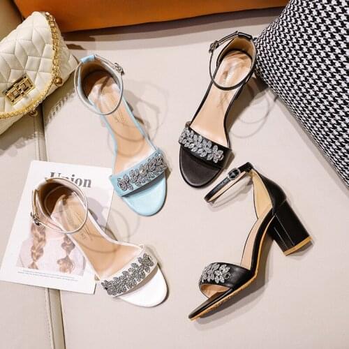 BaoYaFang 2021 Summer Sandals Sweet Ankle strap Lace-Up Bridal Crystal Thick Heel Open Toe Wedding shoes female Bride dress shoe