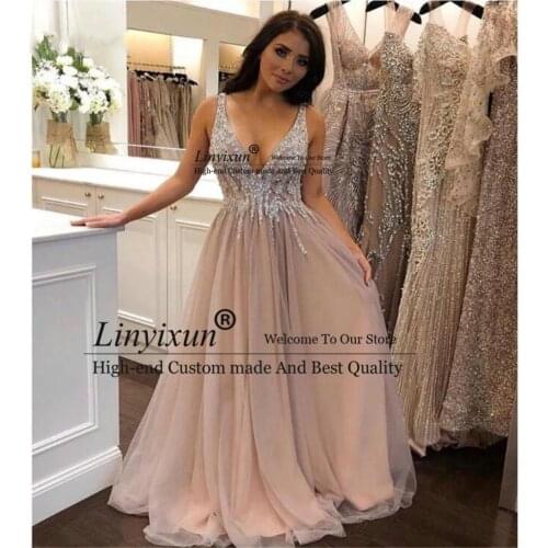 In Fashion Long Prom Dresses 2020 Sexy Deep V Neck Beading Tops Floor Length Formal Evening Party Gown Girls Birthday Party Gown