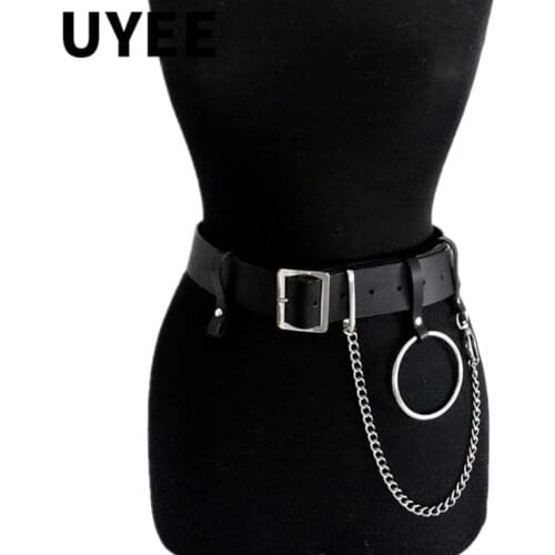 UYEE Fashion Women PU Leather Belt Lingerie Harness Body Bondage Garter Metal Chain Straps Waistband Slim Suspenders Belts