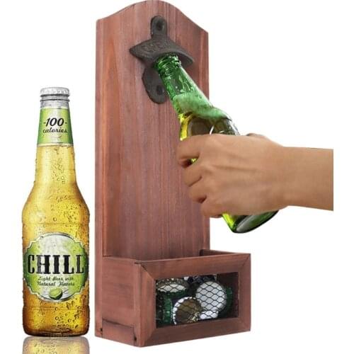 Wall Mounted Vintage Wooden Bottle Opener with Cap Catcher for Bar Kitchen Home Patio Wine Beer Bottle Cap Opener