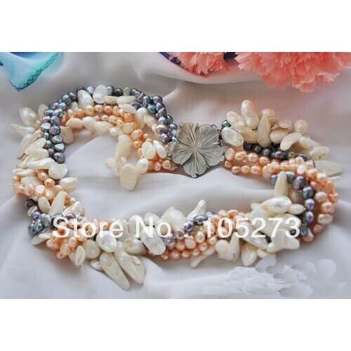 Wholesale Pearl Jewelry 6Row 20'' White Black Pink Baroque Shaper Natural Freshwater Cultured Pearl Necklace Shell Flower Clasp