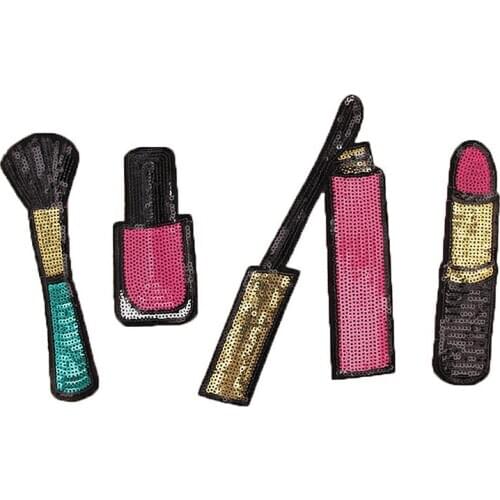 New Arrival Sequined Lipstick Nail Polish Iron on Mouth Lip Patches Applique Embroidered Fabric Badges Jeans Decoration