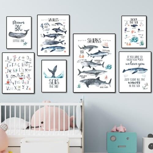 Watercolor Whale Shark Alphabet Nordic Posters And Prints Nautical Art Canvas Painting Wall Pictures For Nursery Kids Room Decor