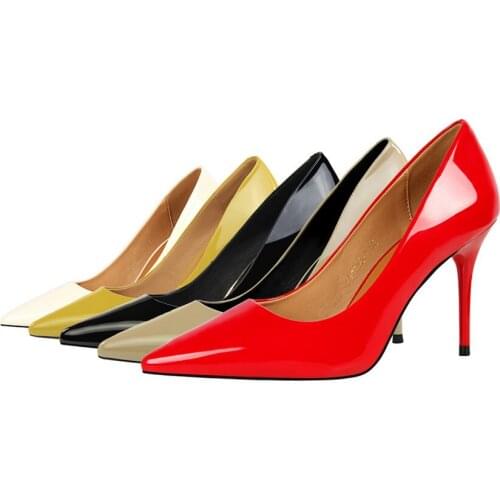 Simple sexy show thin womens shoes with high heels lacquered leather shallow mouth point professional OL single shoes 1785-6