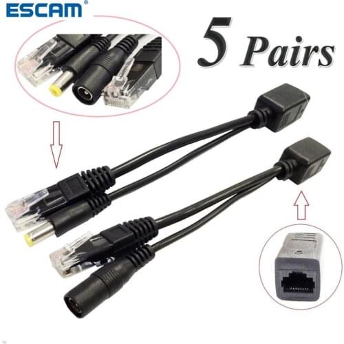 ESCAM 10pcs(5pair) POE Splitter POE Switch POE Cable adapter Tape Screened 5V 12V 24V 48V Power Supply Cable 5.5*2.1mm