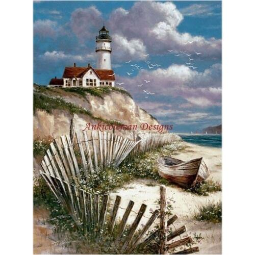 Needlework for embroidery DIY DMC High Quality - Counted Cross Stitch Kits 14 ct Oil painting - Lighthouse with Deserted Canoe