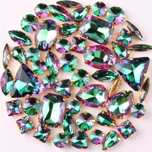 Gold claw settings 50pcs/bag shapes mix Emerald rainbow glass crystal sew on rhinestone garments shoes bags diy trim