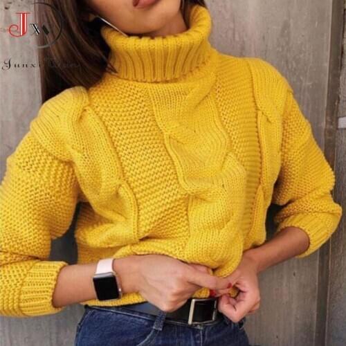 Autumn Winter Short Sweater Women Knitted Turtleneck Pullovers Casual Soft Jumper Fashion Long Sleeve Pull Femme