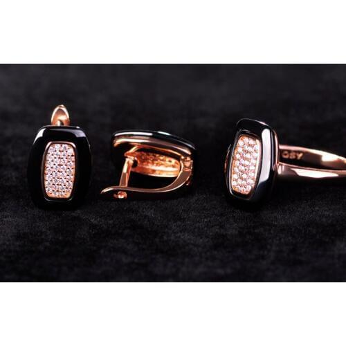 Copper Zircon Ceramic Jewelry Sets For Women Engagement Promise Wedding Earrings Rings Set Square Ring Love Pendientes Joias
