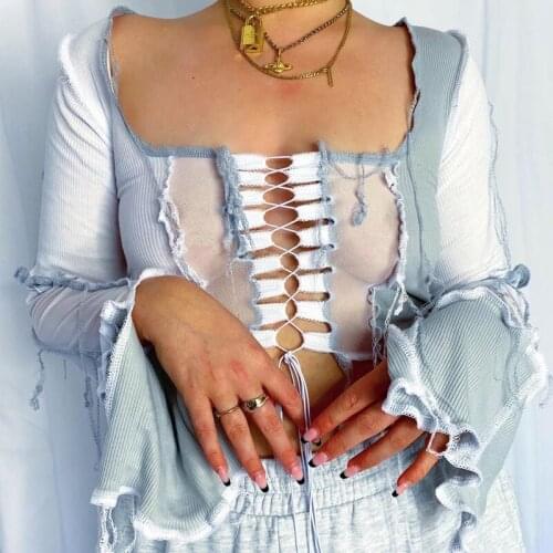 2021 Fashion Reverse Trim Color Block Cropped Top Long Sleeve Lace Up Mesh Patchwork Hollow Out Neck t-Shirt for Ladies Square