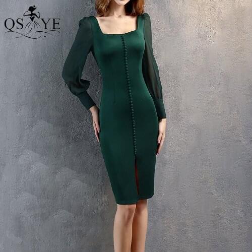 Short Green Prom Dresses Long Sleeves Evening Gown Square Neck Party Gown Emerald Prom Dress Buttons Front Split Short Gown