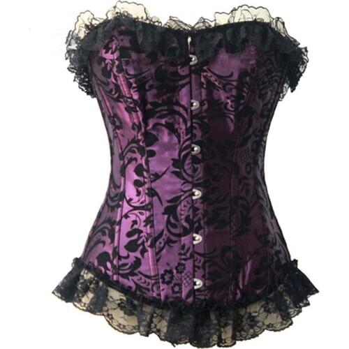 Purple Sexy Lace Up Satin Flower Jacquard Waist Trainer Corset Victorian Bustiers Lingerie Steampunk Boned Overbust Corselet