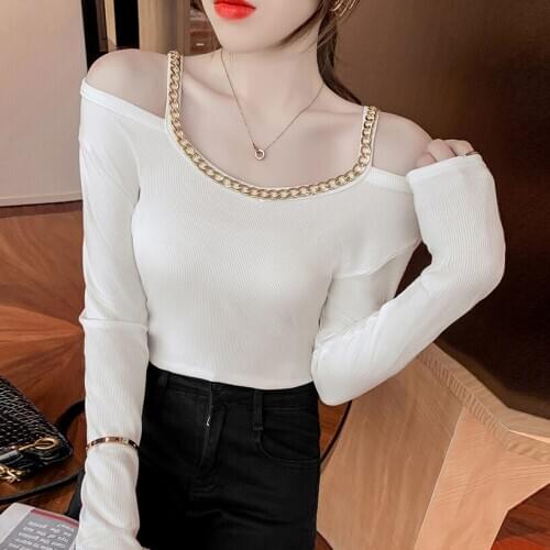 Spring Top Sexy Off Shoulder T Shirt Women 2021 Chain T-Shirt Korean Woman Clothes Slim Tshirt Female Long Sleeve Autumn Tops