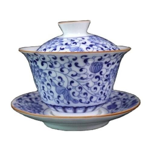 Chinese old porcelain Blue and white floral pattern cover bowl Chinese Tea Bowl