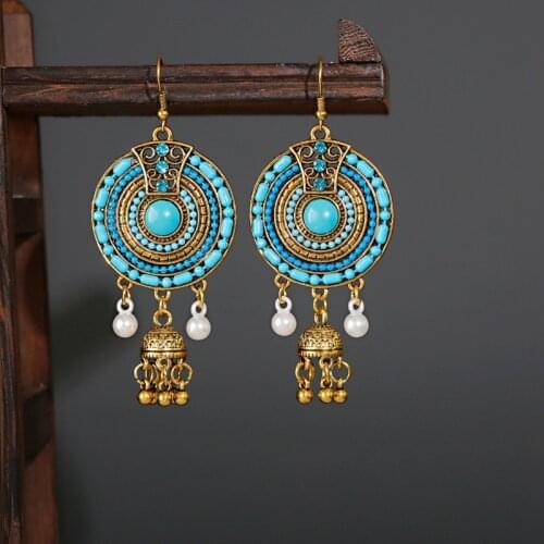 Classic Round Gold Color Turkish Bells Tribe Jhumka Earrings Womens Vintage Turkey Blue Beads Tassel Earrings