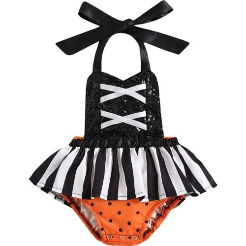 2021 0-24M Toddlers Baby Girl Halloween Rompers Sequined Stripes Dot Tied Halter Neck Sleeveless Backless Jumpsuit Tutu Dress