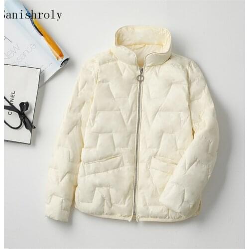 2021 New Women Casual Light White Duck Down Jacket Ladies Stand Collar Zipper Pockets Autumn Winter Outwear Short Tops Plus Size