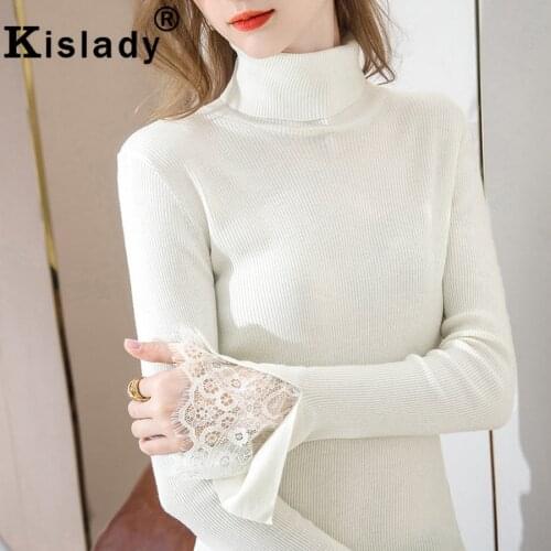 Kislady Fashion Turtleneck Solid Gothic Shirts Sexy Lace Patchwork OL Tops Harajuku Clothes Korean Flare Sleeve Knitted Shirt