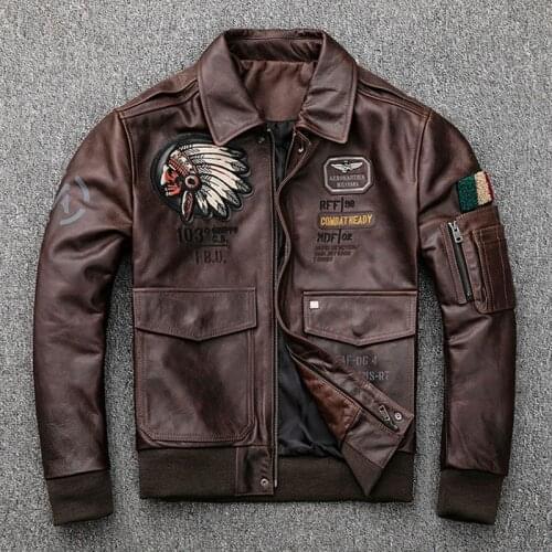 Mens Genuine Leather Clothing Indian New Product Replica Horse Leather Oil Wax Vintage Old Red Brown Flight Suit Leather Jacket