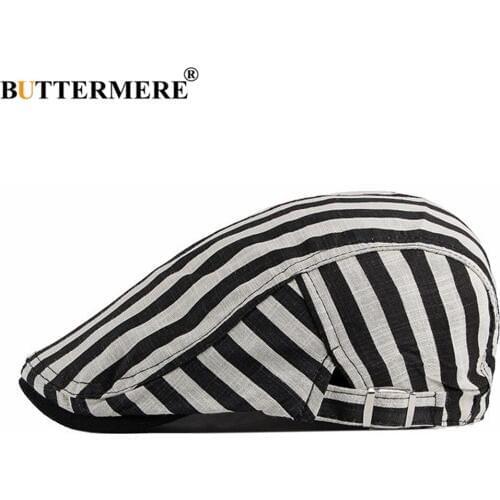 BUTTERMERE 100% Cotton Black White Striped Mens Berets Cabbie Vintage Flat Caps for Men Spring Summer Artist Hat
