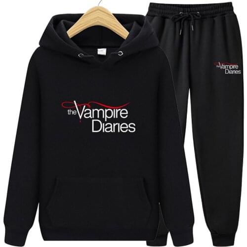 The Vampire Diaries Hoodies Letters Print Sweatshirt+Sweatpant Mens 2Pcs Sets Tracksuit Hooded Sportswear Running Pants