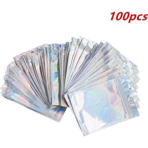 NEW 100 Pieces Zip Lock Bags Resealable Aluminum Foil Flat Ziplock Bag for Party Favor Food Storage Holographic Color