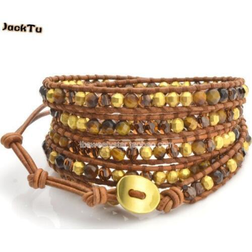 Adjustable laser mix tiger eyes stone leather wrap bracelet unisex