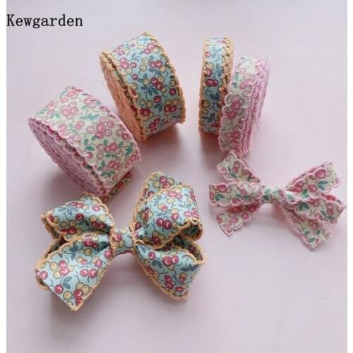 Kewgarden Print Cherry Flower Overlock Edge Ribbons 32mm 12mm DIY Hair Bow Hairpin Accessories Handmade Tape Webbing 4 Meters