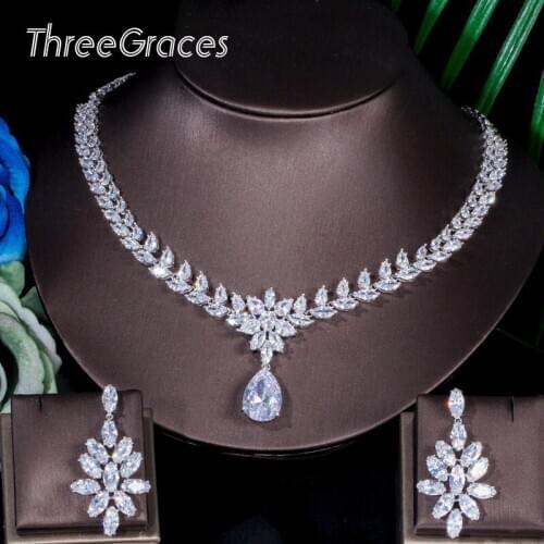 ThreeGraces Luxury Cubic Zircon White Gold Big Dangle Drop Flower Earrings Necklace Wedding Bridal Jewelry Set for Women JS008