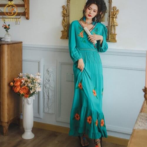 SMTHMA 2021 New Fashion Embroidery Flowers Holiday Dress For Female V-Neck Sequins Long Sleeve High Waist Womens Midi Dresses