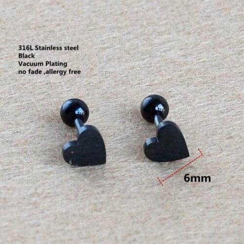 Titanium Black Vacuum Plating Screw-back 6mm Heart-Shape Stud Earrings 316 L Stainless Steel No Fade No Allergy