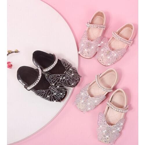 Baby Girls Princess Shoes Beads Toddler Girls Performance Dancing Flats Shoes Kids Rhinestone Pink White Butterfly Shoes Spring