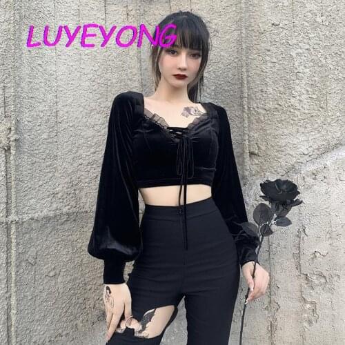 Lady Short-length V Neck Lace-up Bust Lantern Long Sleeve Slim Sexy Tshirt Black Gothic Women Cool Street T Shirt 2021 Spring