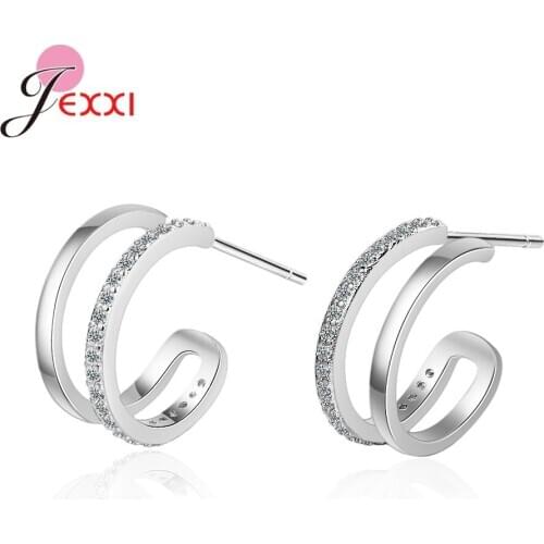 Temperament Women 925 Sterling Silver Semi-circle Stud Earrings Full Rhinestone Jewelry Wedding Party Lovers Gift