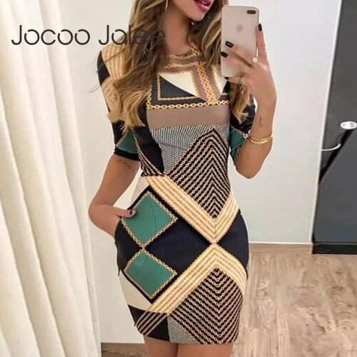 Jocoo Jolee Elegant Fashion Print Short Sleeve Slim O Neck Dress Vintage Geometric Patterns Mini Dress Office Lady Bodycon Dress