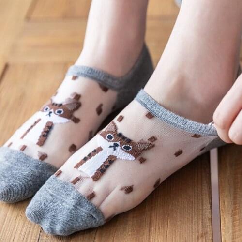2021 spring and summer new cat card stockings cute cartoon breathable heel with glass filament invisible ship socks woman