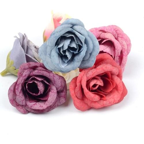 50pcs/lot 4cm Silk Artificial Retro Rose Flower For Wedding Home Decoration Wreath Handicrafts DIY Cheap Fake Flowers