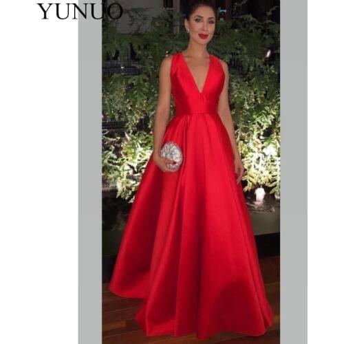 YuNuo V-neckline Satin Red Evening Dresses with Bow Embellished Back N63