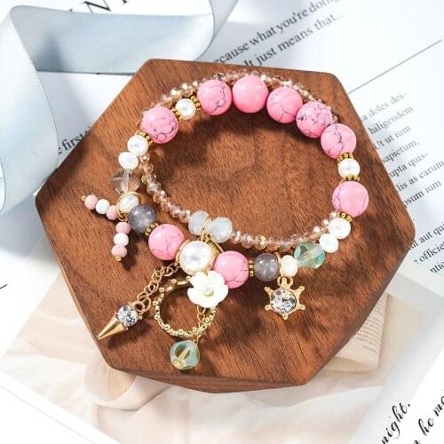 Bohemia Natural Bead Crystal Ball Bracelet Flower Charm Blue Pink Semitransparent Color Ornaments Women Gift Ethnic Style