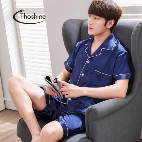 Thoshine Brand Summer Style Men China Satin Pajamas sets Patchwork Turn-down Collar Button Sleepwear Male Elastic Waist Pijama