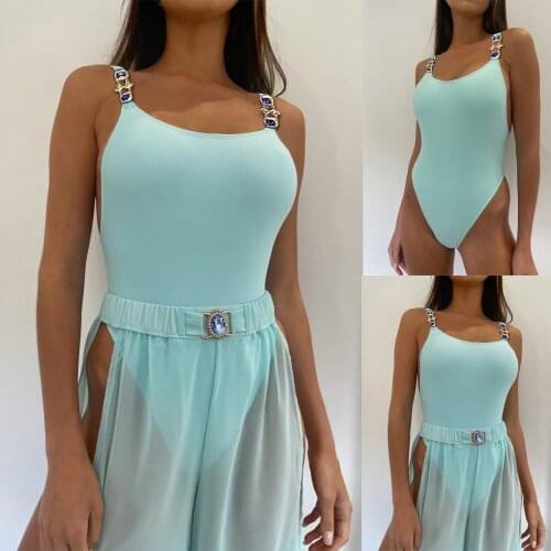 Womens one piece solid color sling crystal diamond high cut conservative open back swimsuit womens summer fashion sports sexy